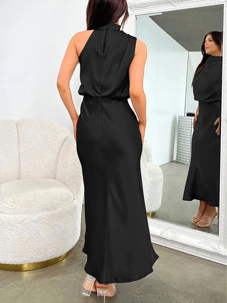 Woman wearing the Lucy satin formal midi dress with draped high neckline and cinched waist - view 6