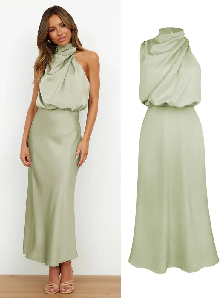 Woman wearing the Lucy satin formal midi dress with draped high neckline and cinched waist - view 7