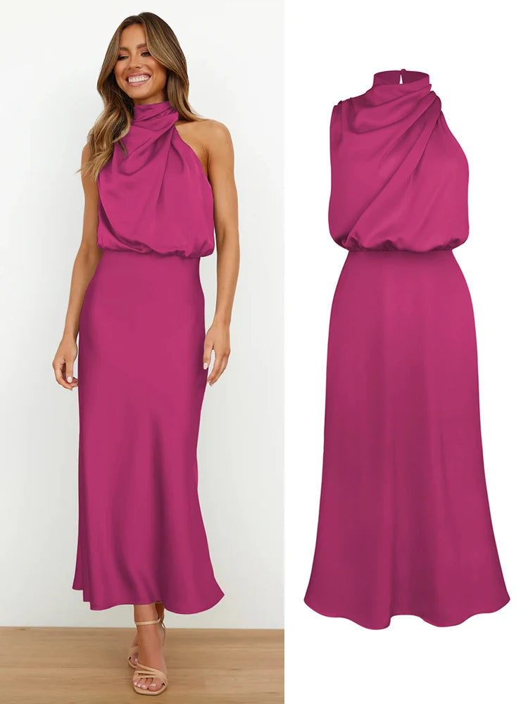 Woman wearing the Lucy satin formal midi dress with draped high neckline and cinched waist - view 8
