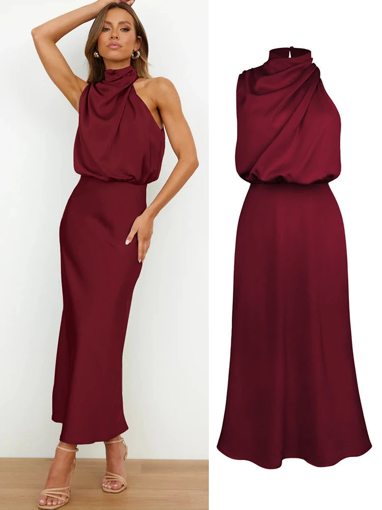 Woman wearing the Lucy satin formal midi dress with draped high neckline and cinched waist - view 9