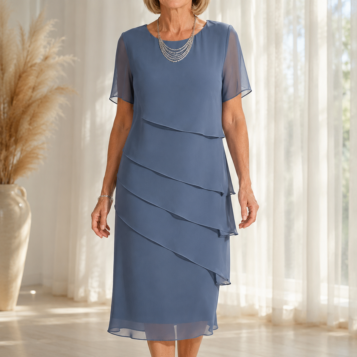 Woman wearing a tiered midi dress with sheer short sleeves for a formal event