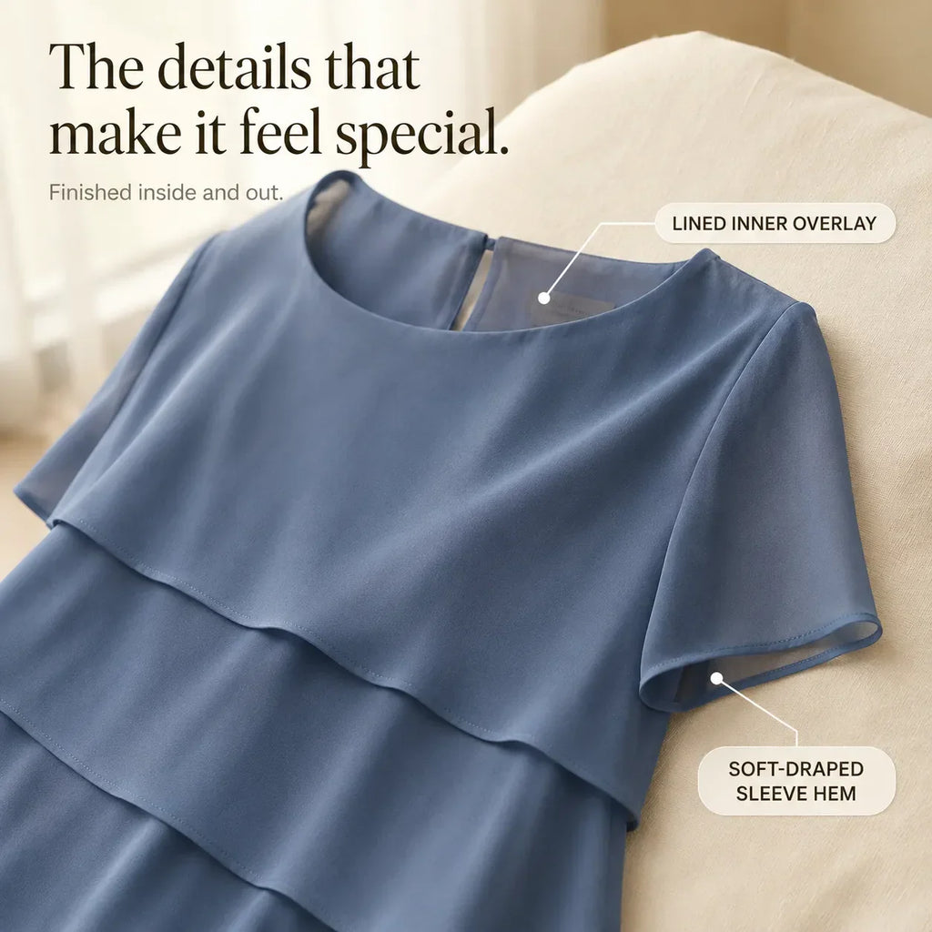 Woman wearing a tiered midi dress with sheer short sleeves for a formal event - view 6