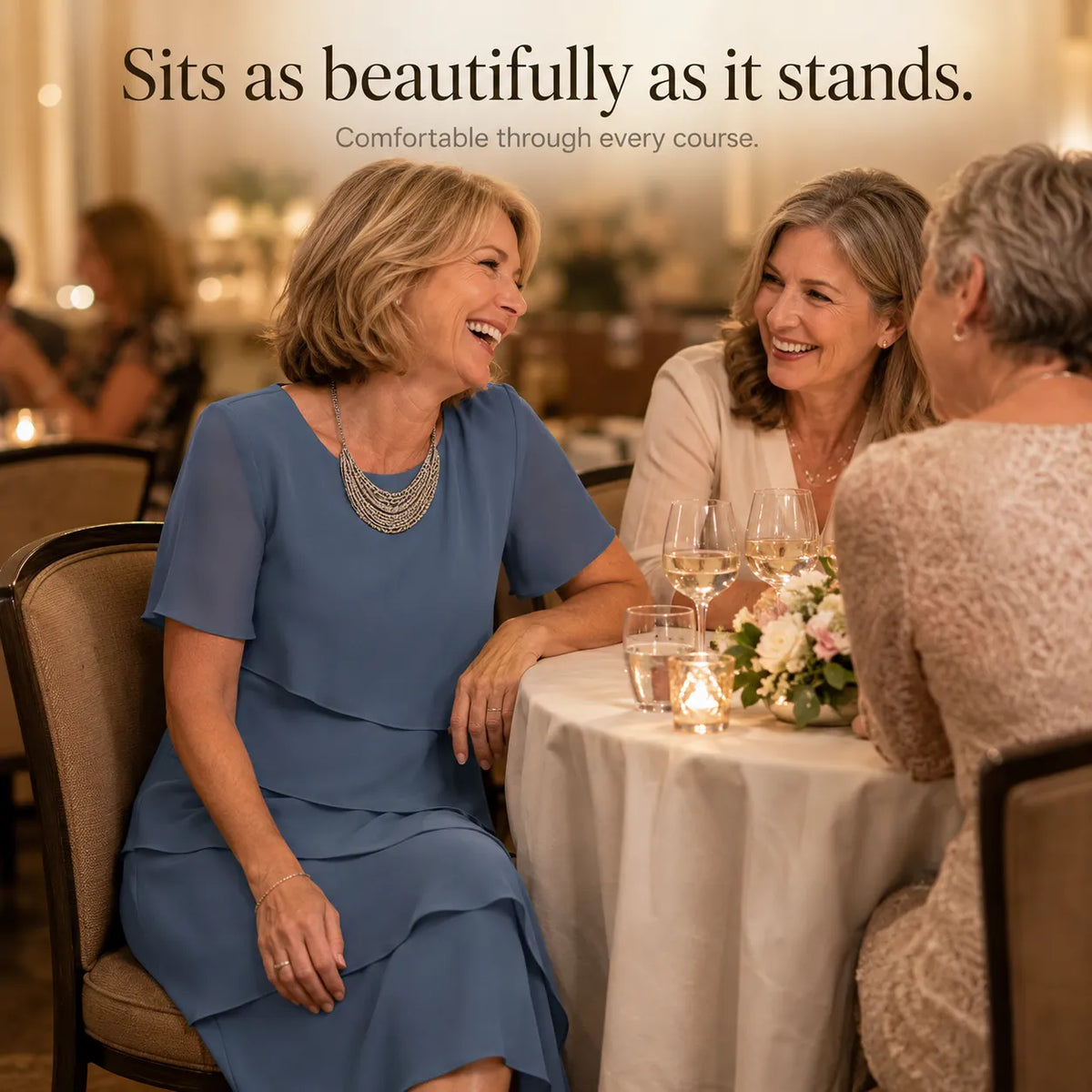 Woman wearing a tiered midi dress with sheer short sleeves for a formal event - view 8