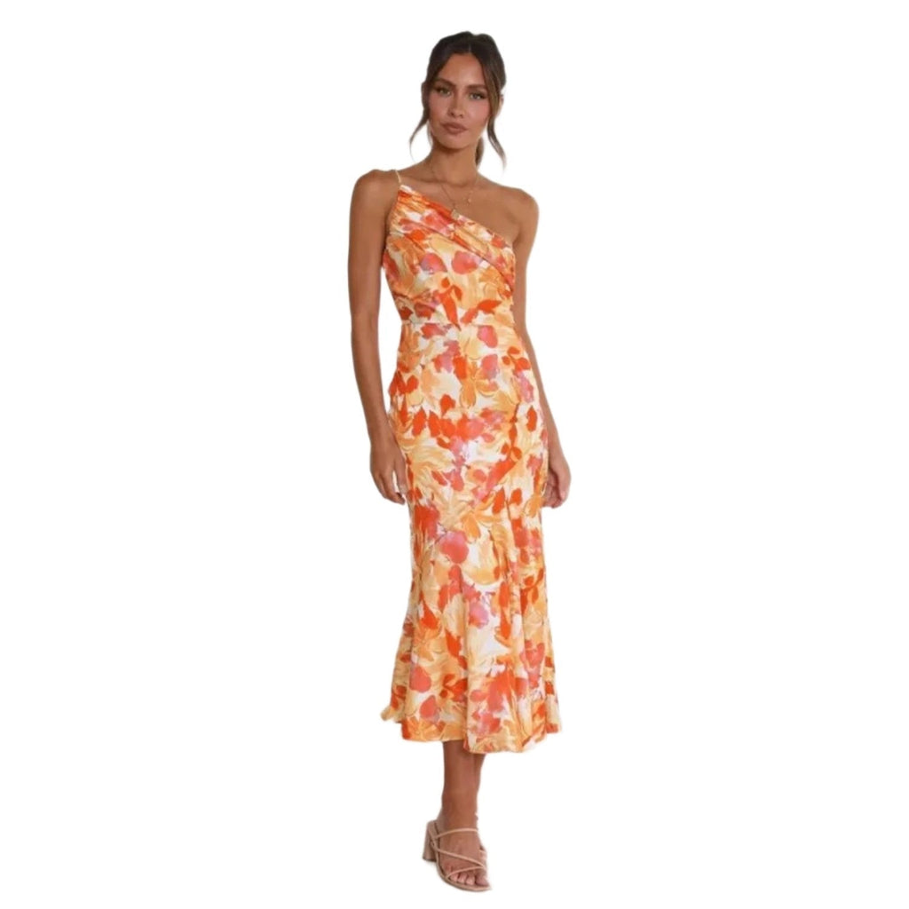 Woman wearing a one-shoulder floral print satin midi dress with draped bodice and fluted hem - view 7