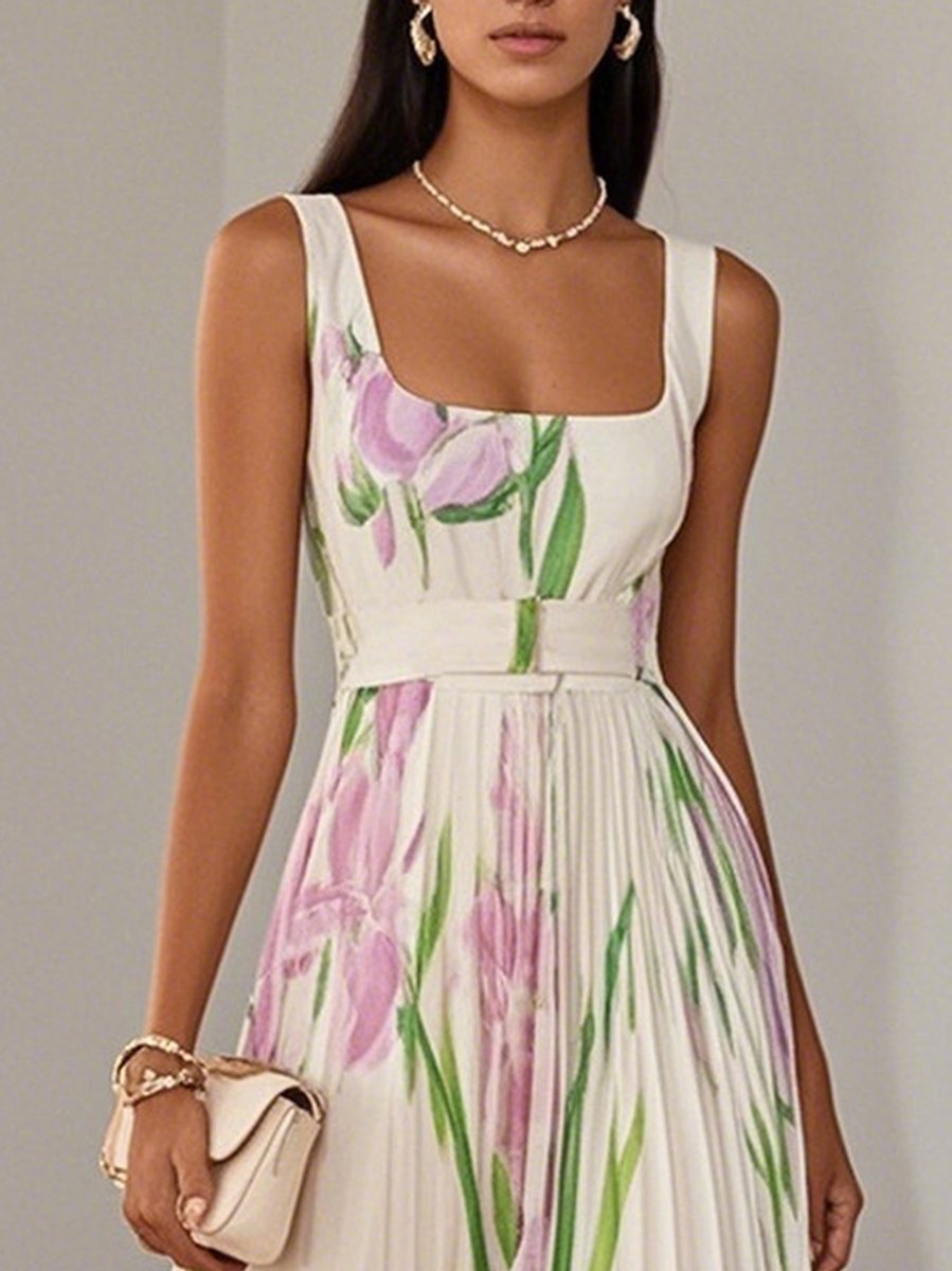 Floral pleated A-line maxi dress with square neck and belted waist - view 2