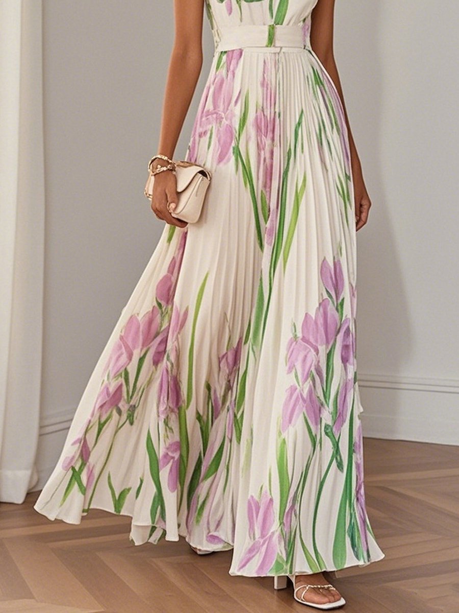Floral pleated A-line maxi dress with square neck and belted waist - view 3