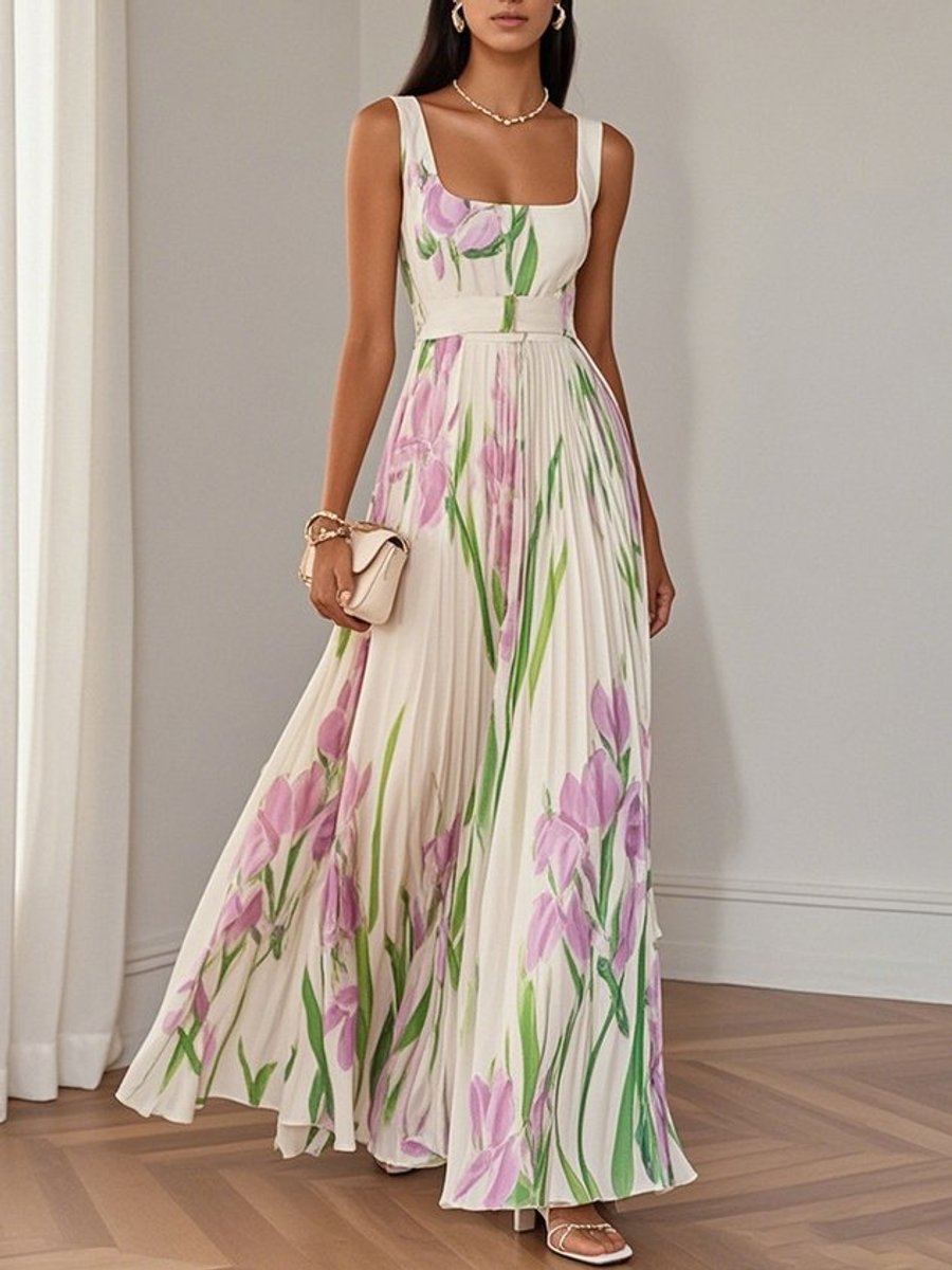 Floral pleated A-line maxi dress with square neck and belted waist - view 4