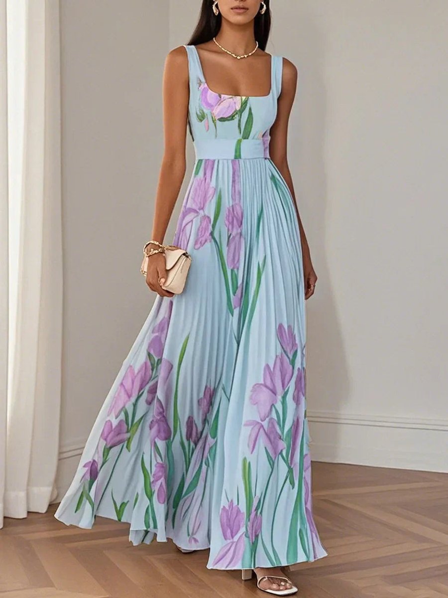 Floral pleated A-line maxi dress with square neck and belted waist - view 6