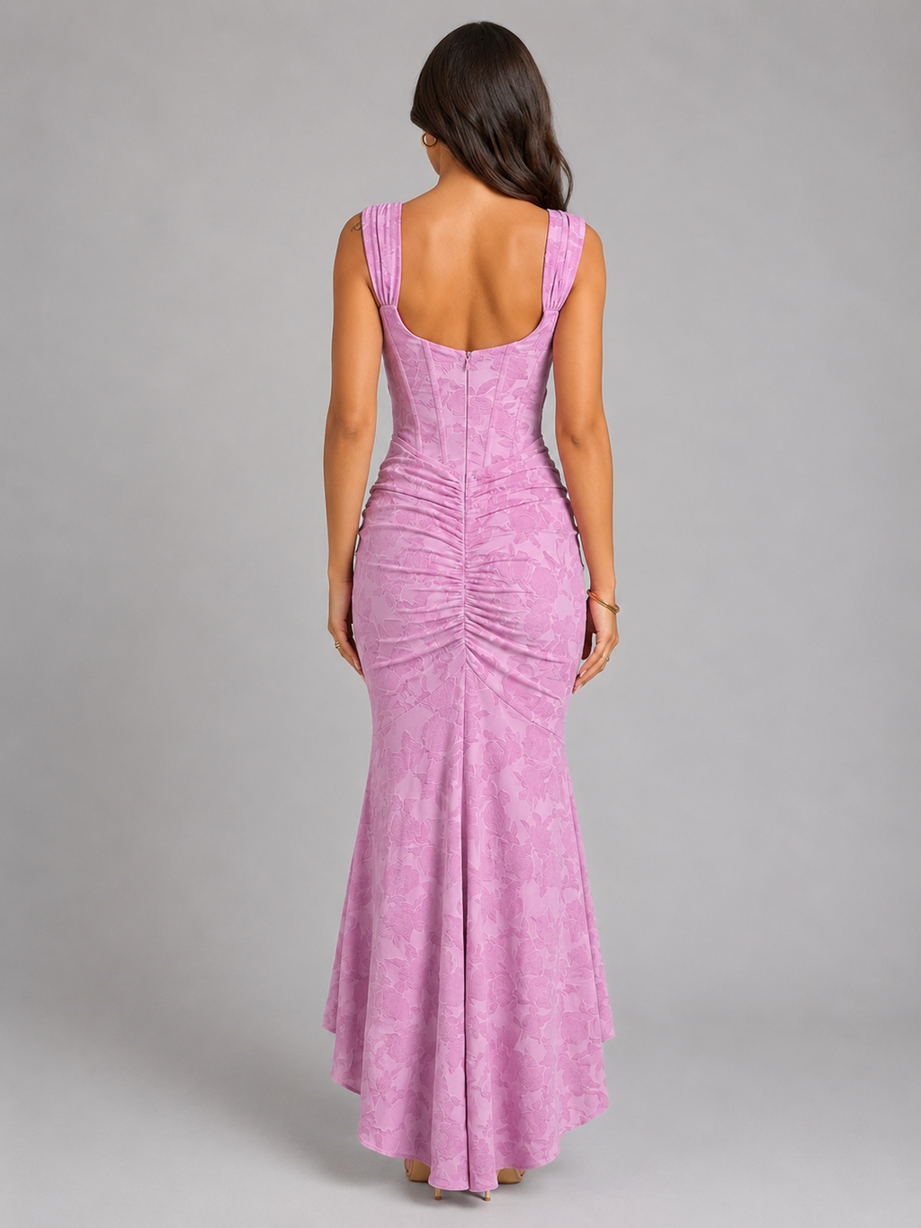 Pink floral corset maxi dress with ruched waist and high-low fishtail hem - view 2