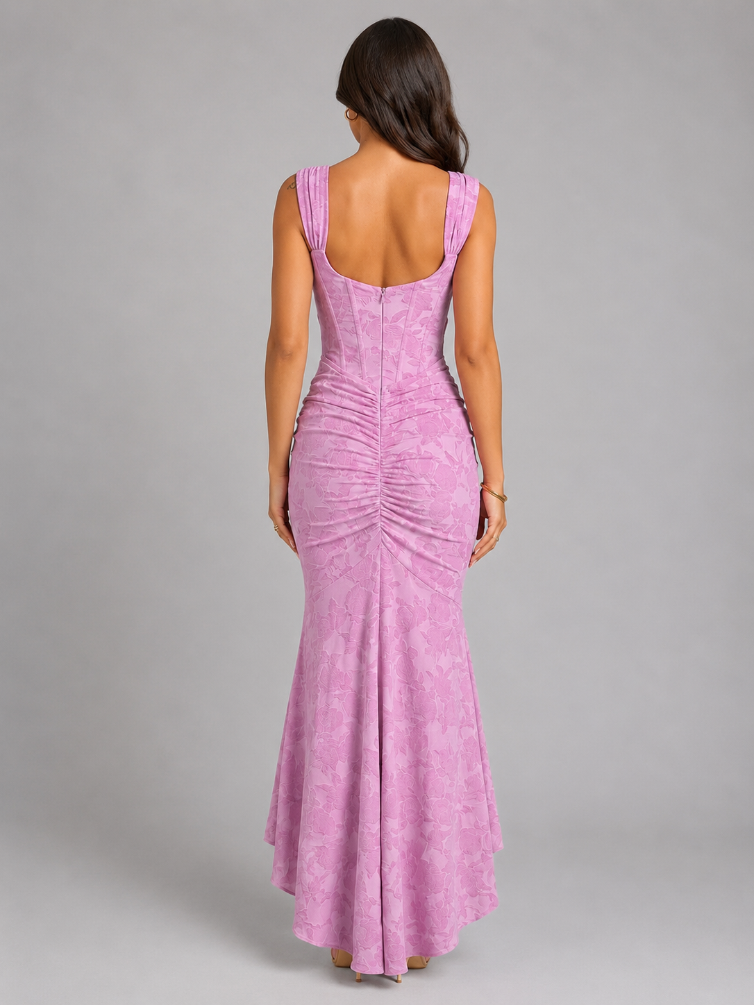 Pink floral corset maxi dress with ruched waist and high-low fishtail hem - view 2