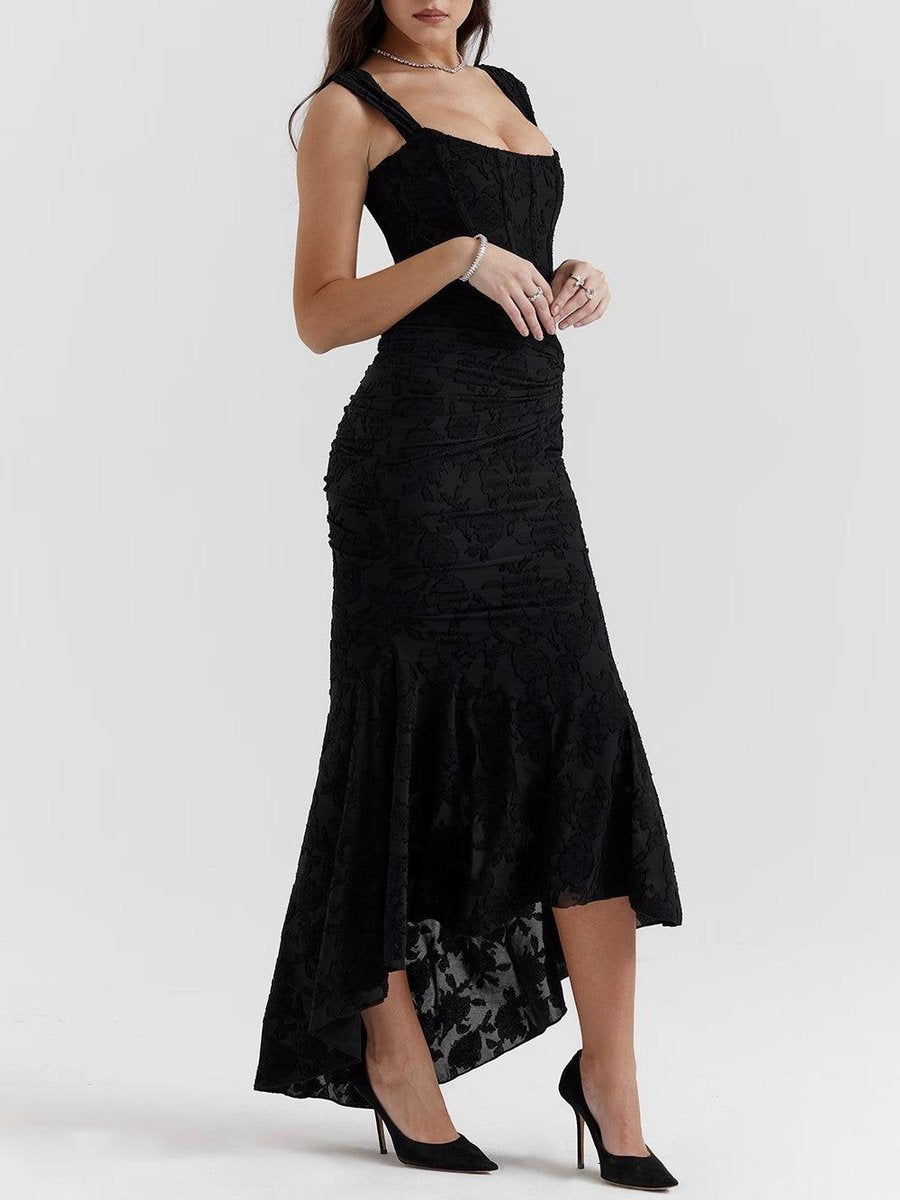 Corset formal dress in floral jacquard lace with ruched waist and high-low mermaid hem - view 14