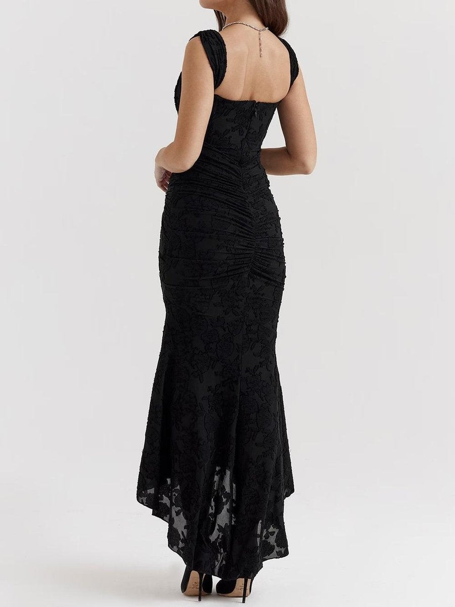 Corset formal dress in floral jacquard lace with ruched waist and high-low mermaid hem - view 16