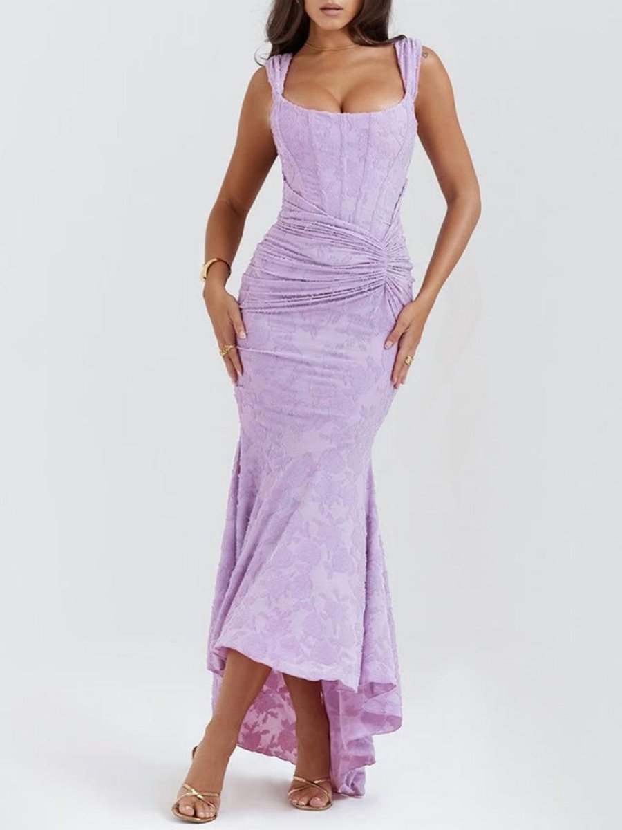 Corset formal dress in floral jacquard lace with ruched waist and high-low mermaid hem - view 21