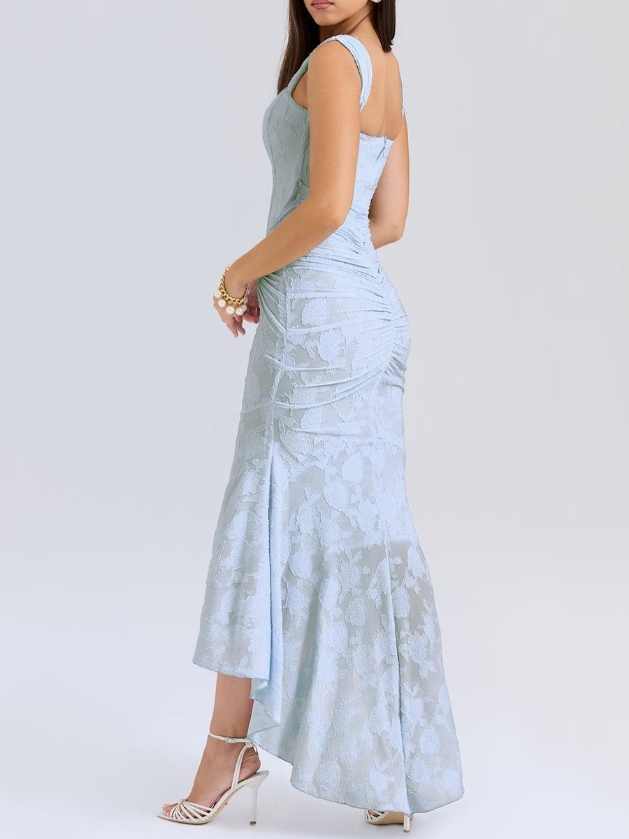 Corset formal dress in floral jacquard lace with ruched waist and high-low mermaid hem - view 4