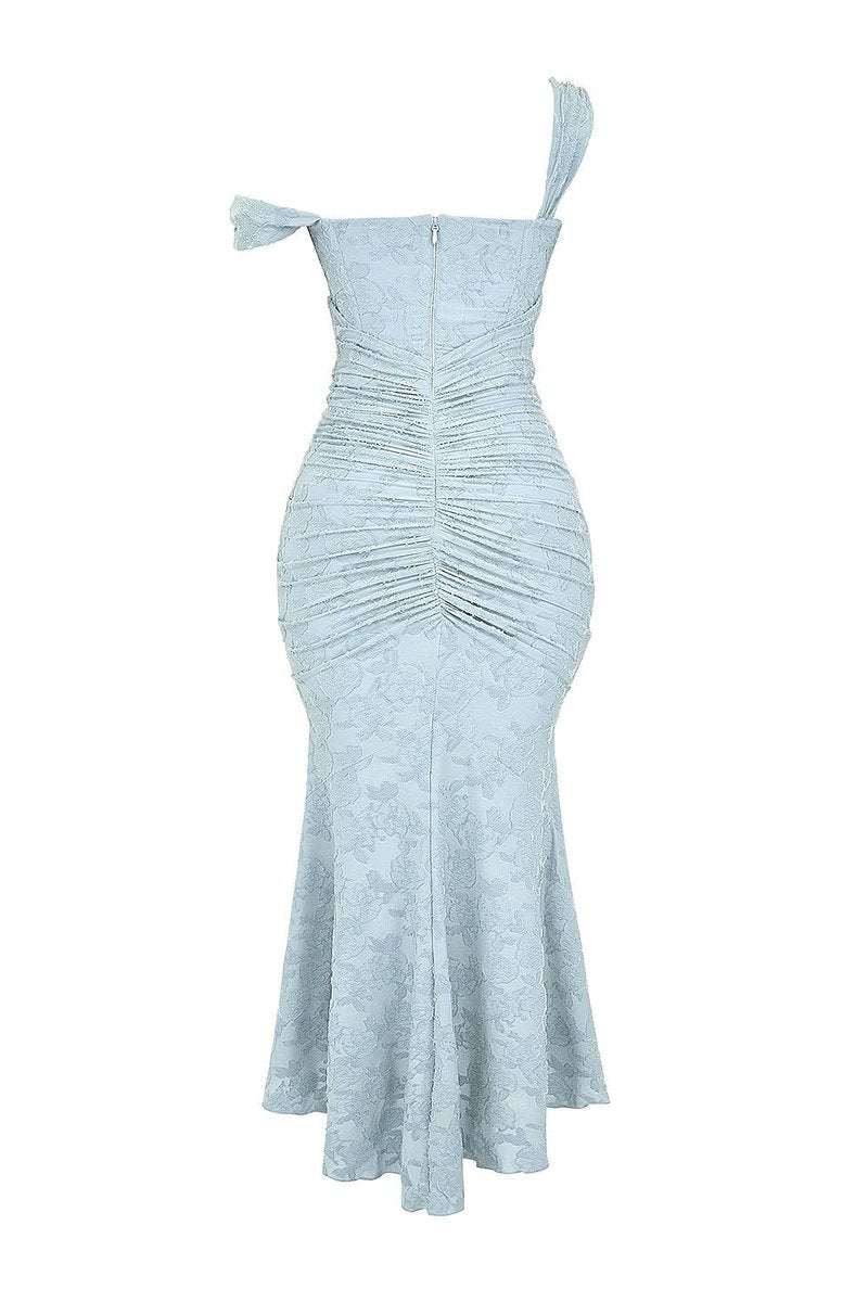 Corset formal dress in floral jacquard lace with ruched waist and high-low mermaid hem - view 7