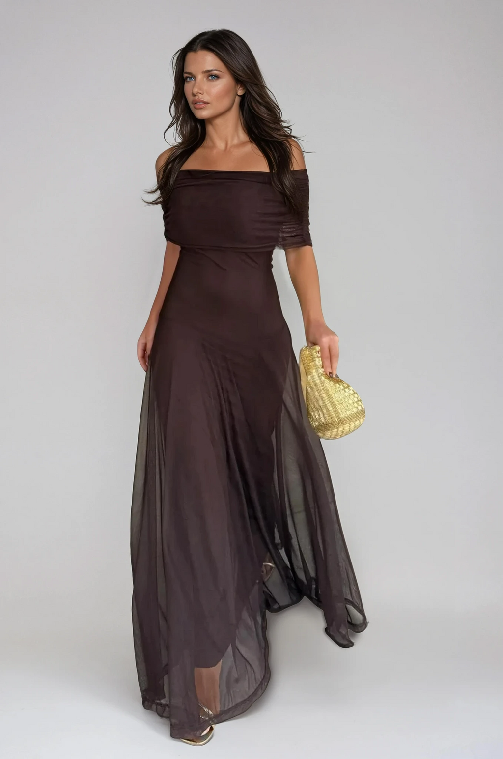 Brown off shoulder maxi dress in sheer mesh with ruched neckline and flared floor-length skirt, an elegant pick for formal dresses and evening events