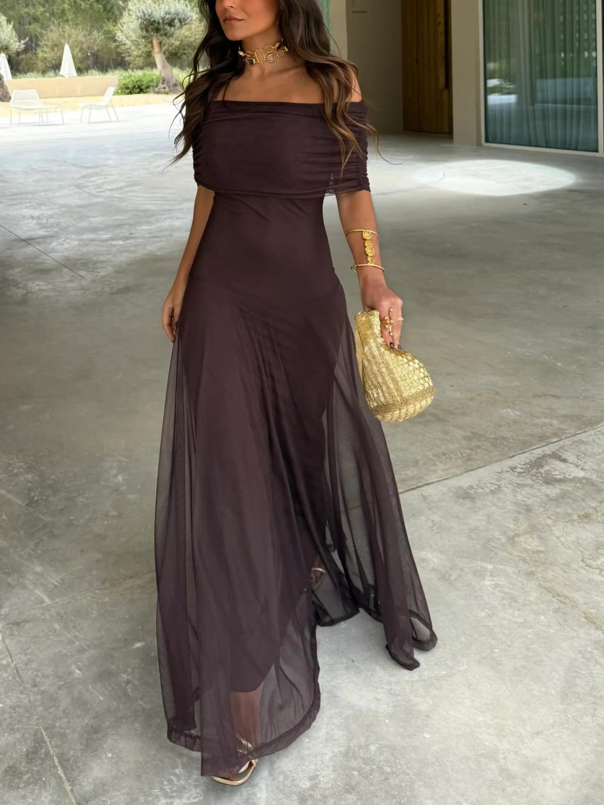 Brown off shoulder maxi dress in sheer mesh with ruched neckline and flared floor-length skirt, an elegant pick for formal dresses and evening events - view 2