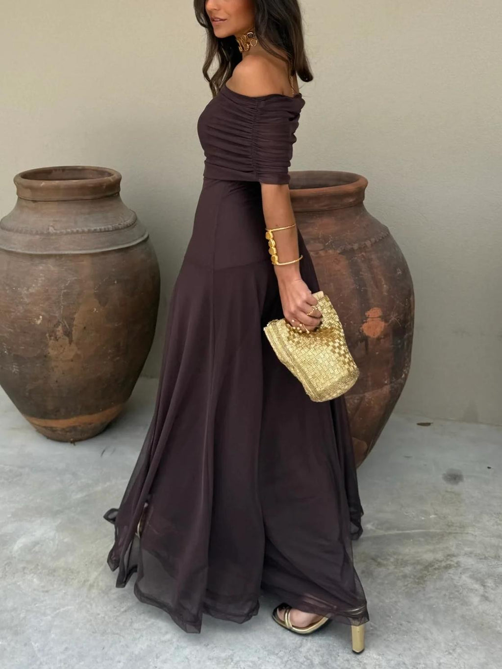 Brown off shoulder maxi dress in sheer mesh with ruched neckline and flared floor-length skirt, an elegant pick for formal dresses and evening events - view 3