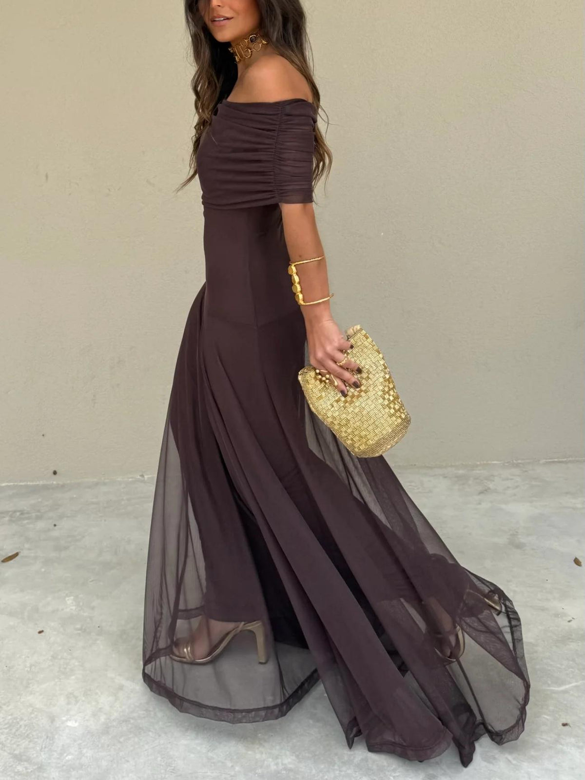 Brown off shoulder maxi dress in sheer mesh with ruched neckline and flared floor-length skirt, an elegant pick for formal dresses and evening events - view 4