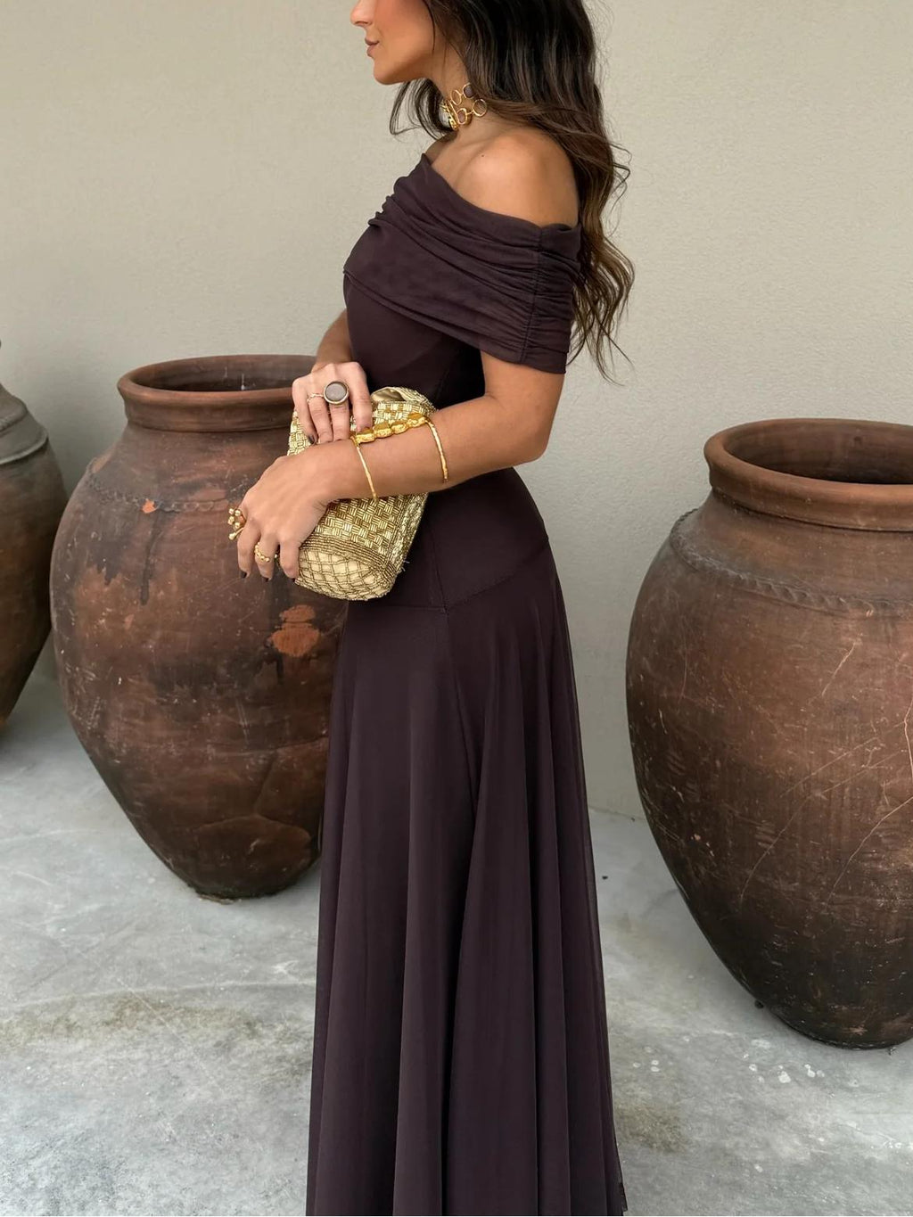 Brown off shoulder maxi dress in sheer mesh with ruched neckline and flared floor-length skirt, an elegant pick for formal dresses and evening events - view 5