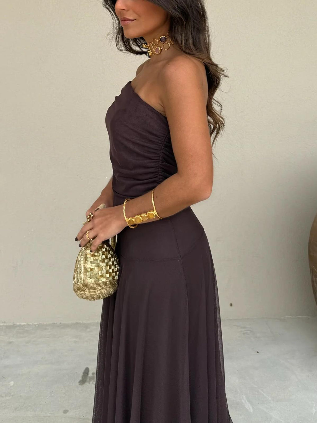 Brown off shoulder maxi dress in sheer mesh with ruched neckline and flared floor-length skirt, an elegant pick for formal dresses and evening events - view 7