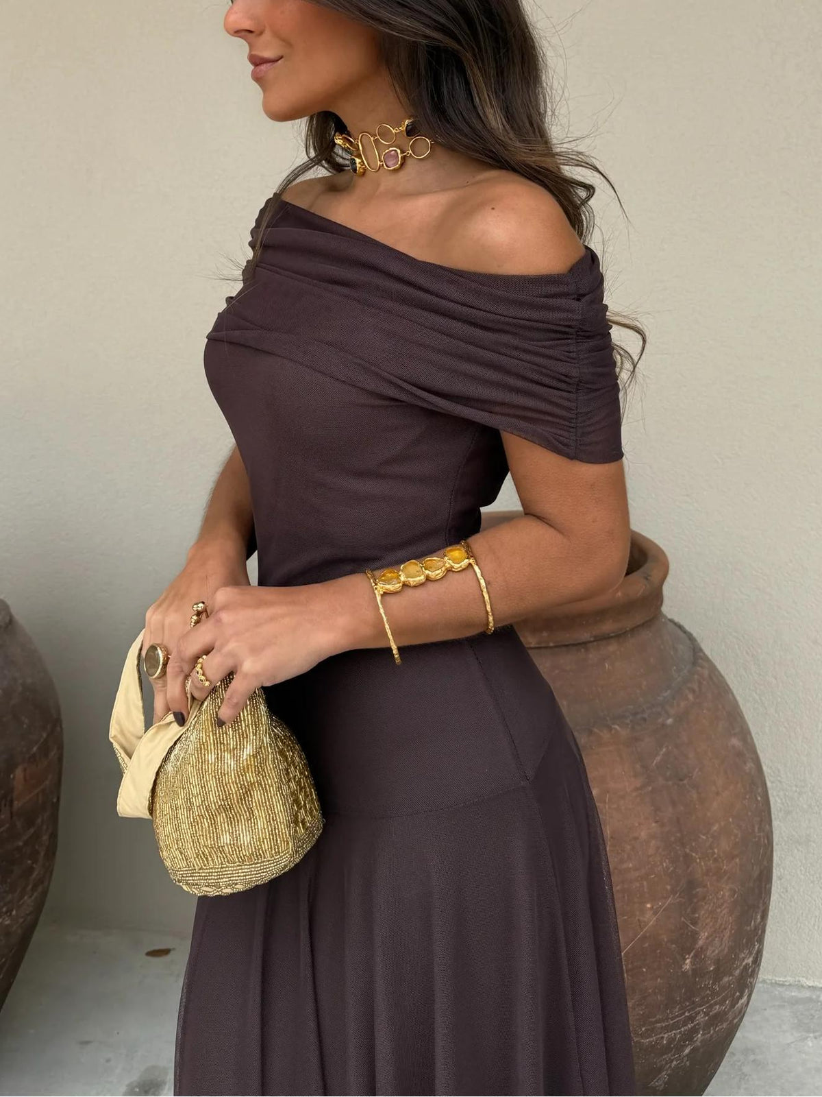 Brown off shoulder maxi dress in sheer mesh with ruched neckline and flared floor-length skirt, an elegant pick for formal dresses and evening events - view 8