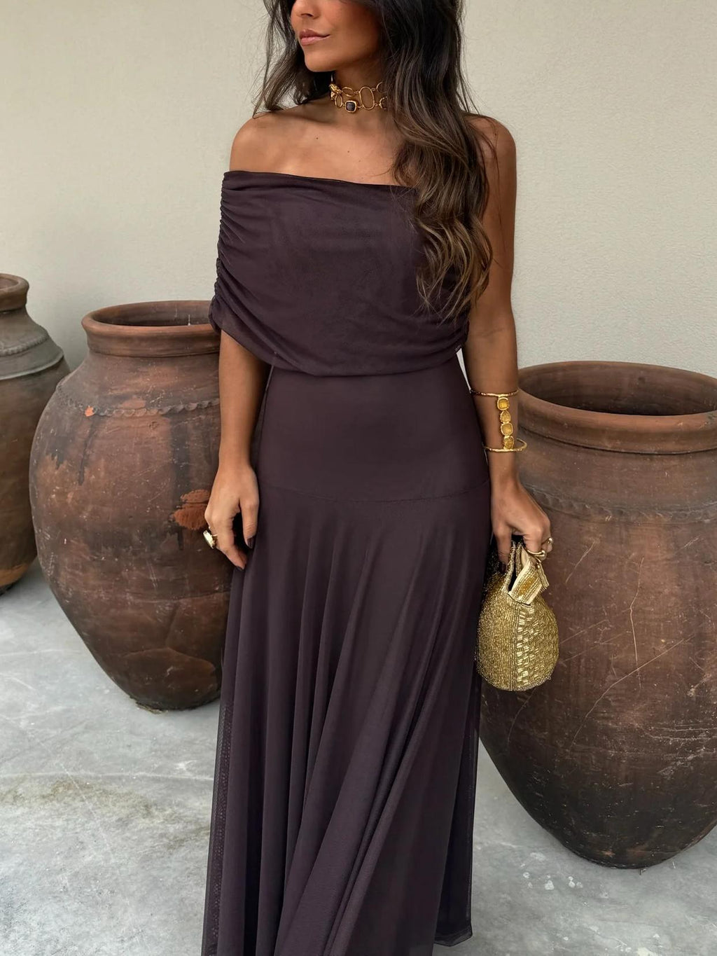 Brown off shoulder maxi dress in sheer mesh with ruched neckline and flared floor-length skirt, an elegant pick for formal dresses and evening events - view 9