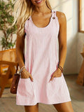Sleeveless striped casual mini dress with scoop neck and two front patch pockets