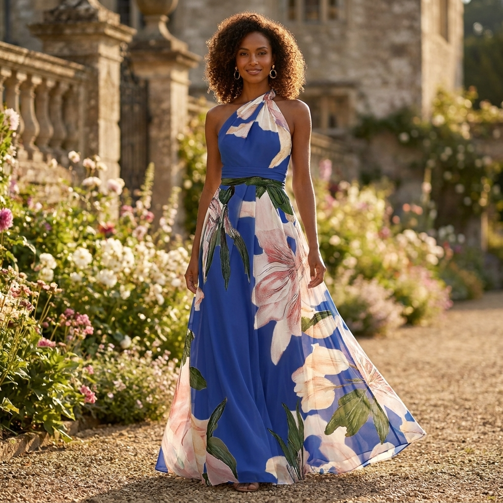 Gemma | Floral Print Halter Neck Holiday Maxi Dress