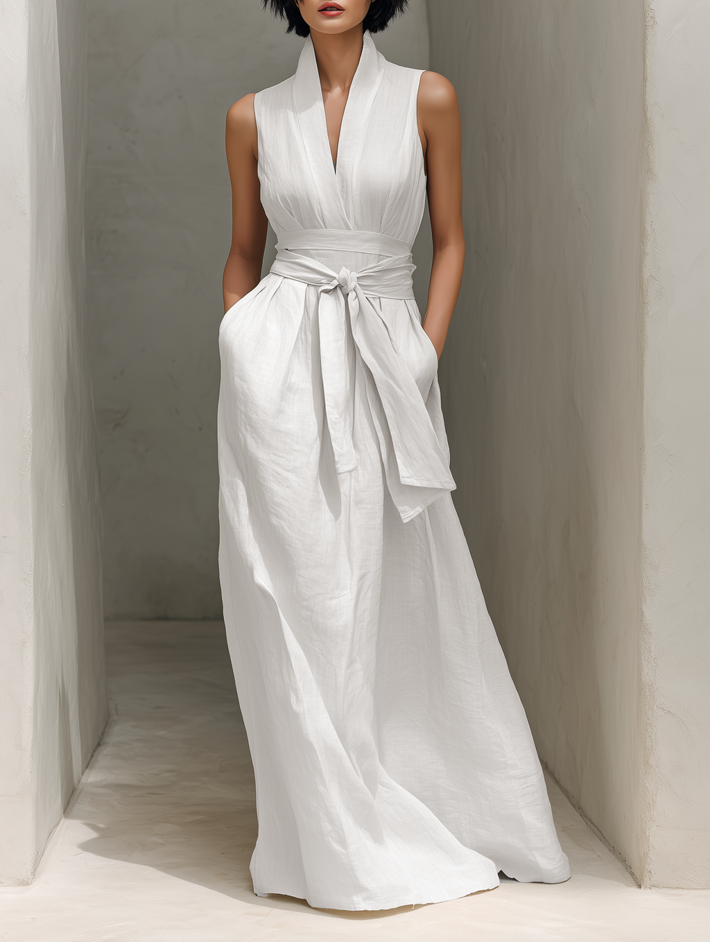 Beatrix plunge sleeveless maxi dress with sash tie — front view