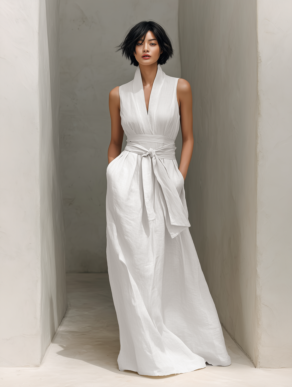 Beatrix plunge sleeveless maxi dress with sash tie — styled view