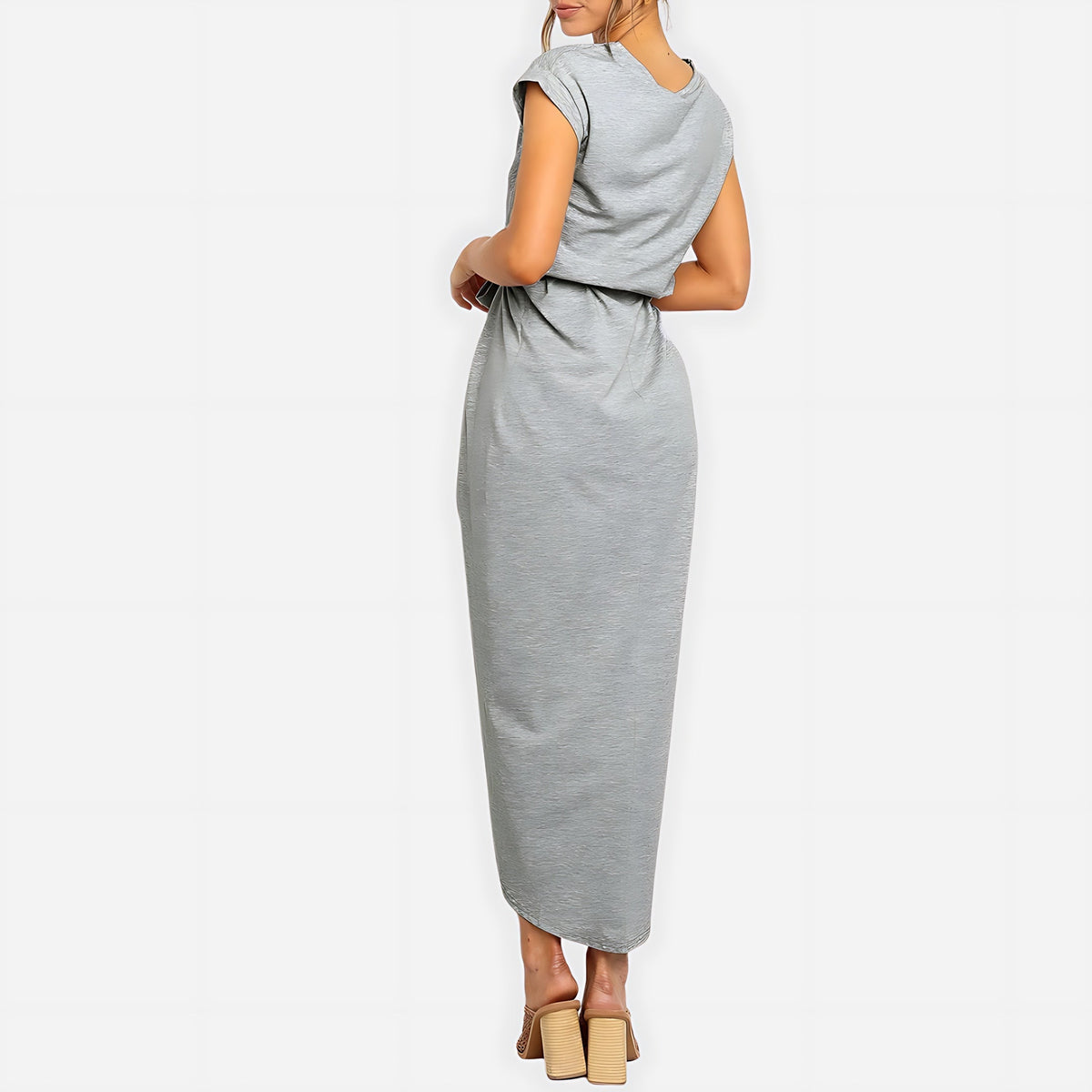Woman wearing the Neve tie waist midi dress with cap sleeves and wrap-front slit skirt - view 12