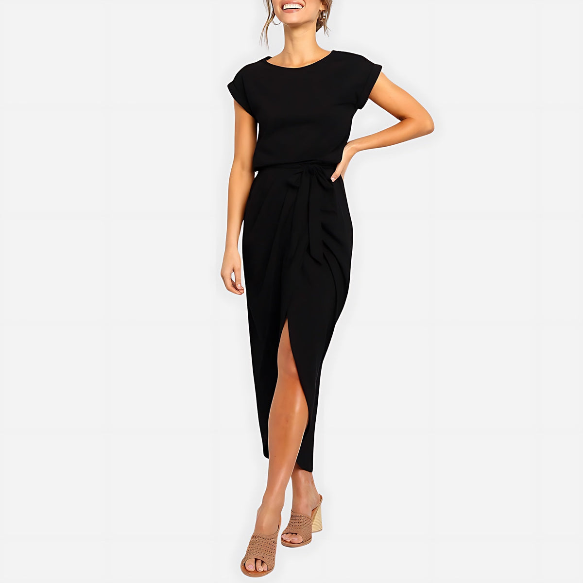 Woman wearing the Neve tie waist midi dress with cap sleeves and wrap-front slit skirt - view 13