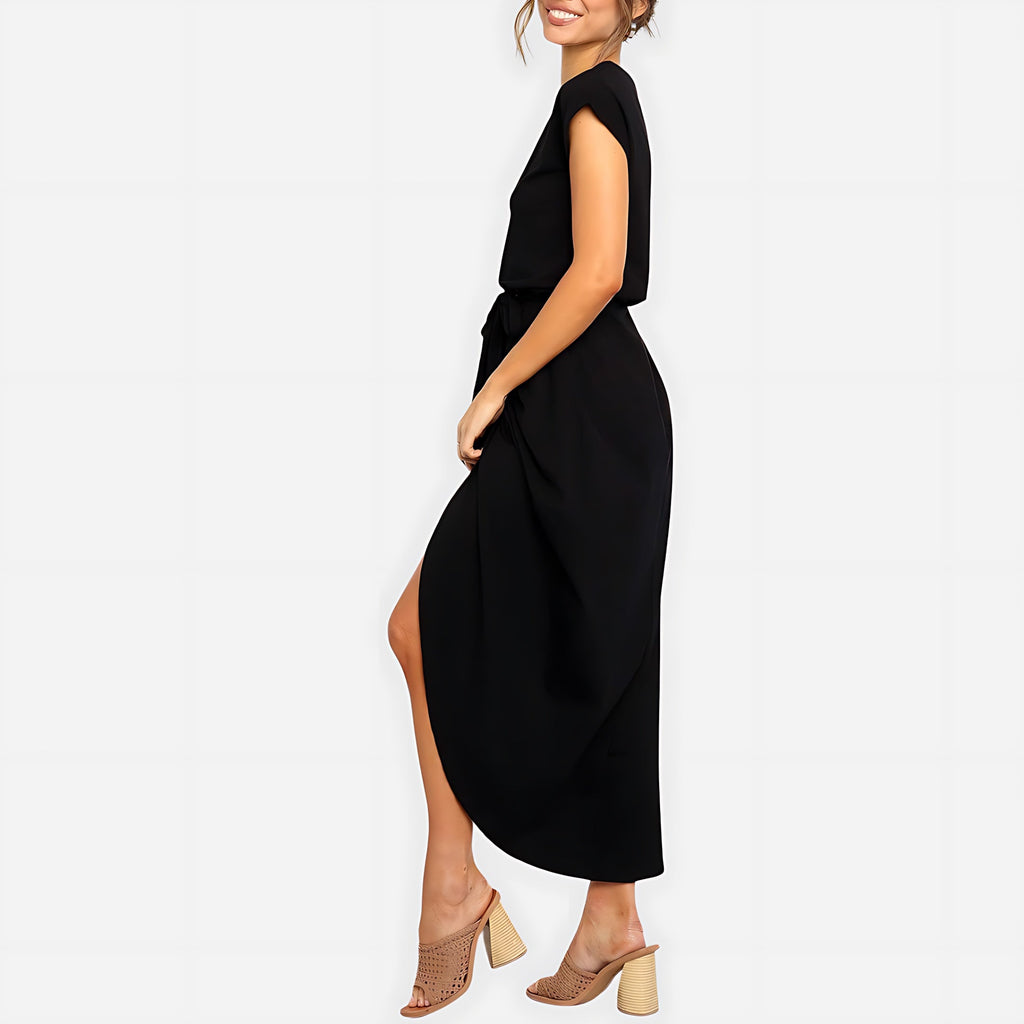 Woman wearing the Neve tie waist midi dress with cap sleeves and wrap-front slit skirt - view 14