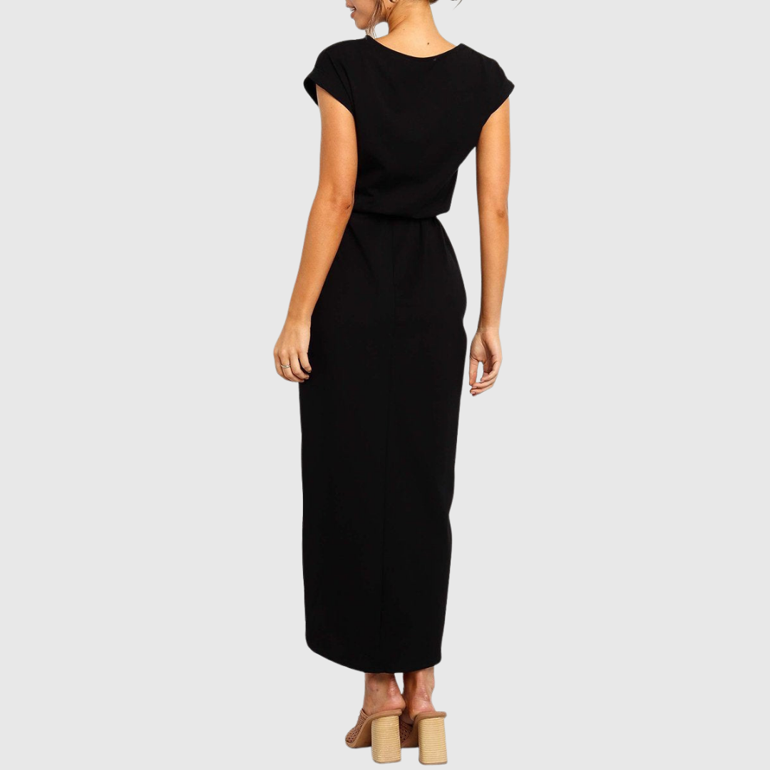 Woman wearing the Neve tie waist midi dress with cap sleeves and wrap-front slit skirt - view 15