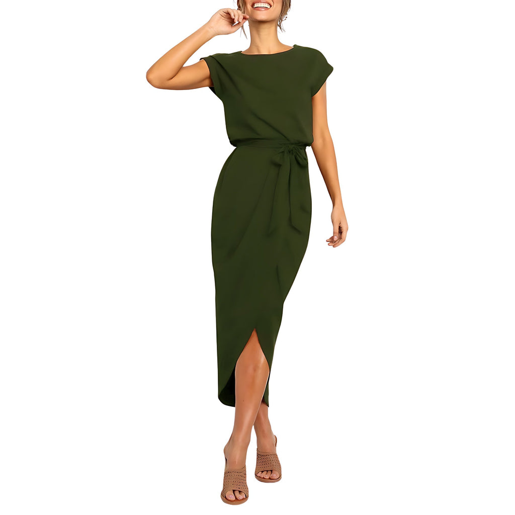 Woman wearing the Neve tie waist midi dress with cap sleeves and wrap-front slit skirt - view 17