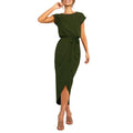 Woman wearing the Neve tie waist midi dress with cap sleeves and wrap-front slit skirt - view 17
