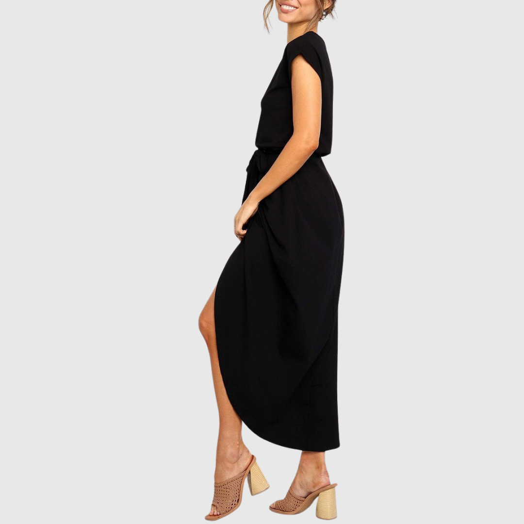 Woman wearing the Neve tie waist midi dress with cap sleeves and wrap-front slit skirt - view 18