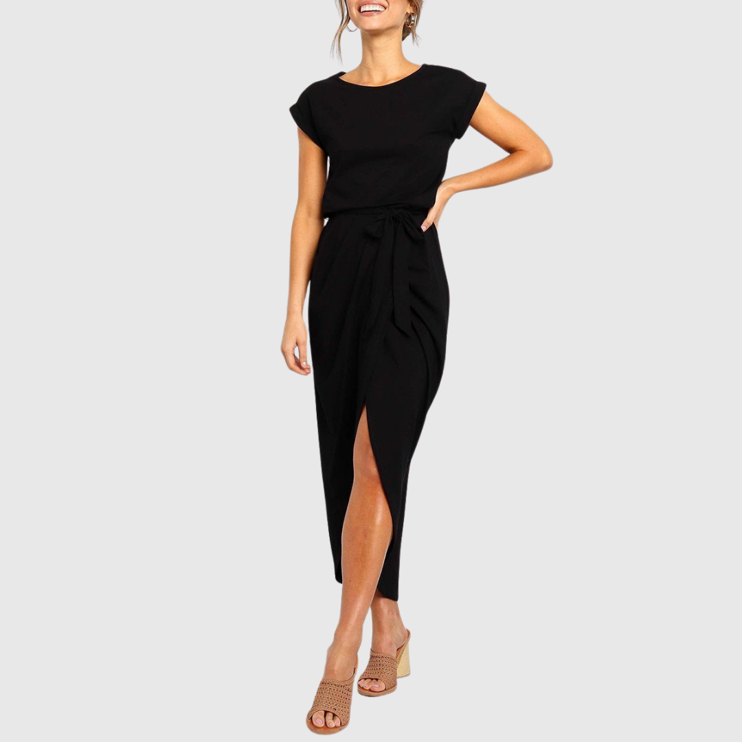 Woman wearing the Neve tie waist midi dress with cap sleeves and wrap-front slit skirt - view 19