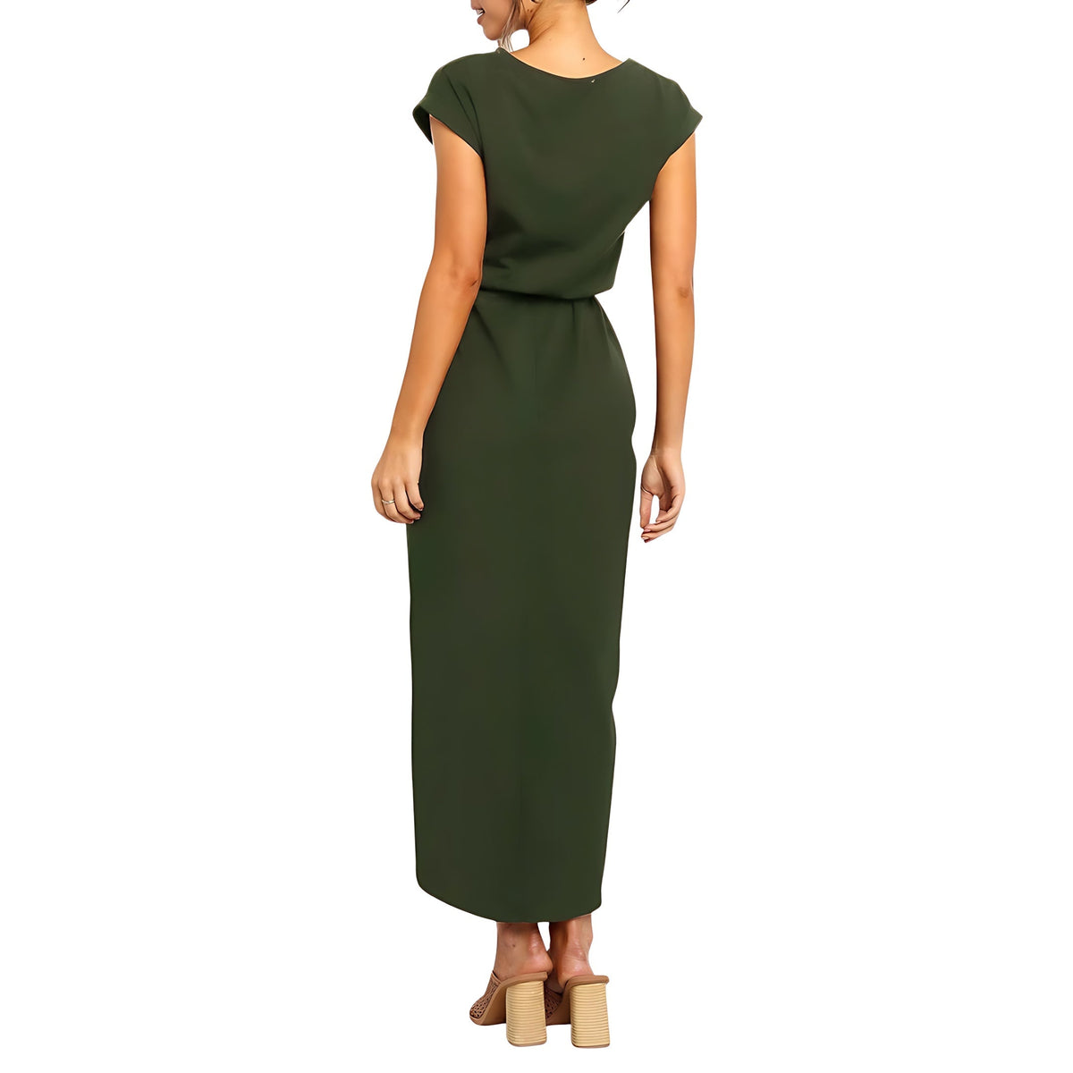 Woman wearing the Neve tie waist midi dress with cap sleeves and wrap-front slit skirt - view 23