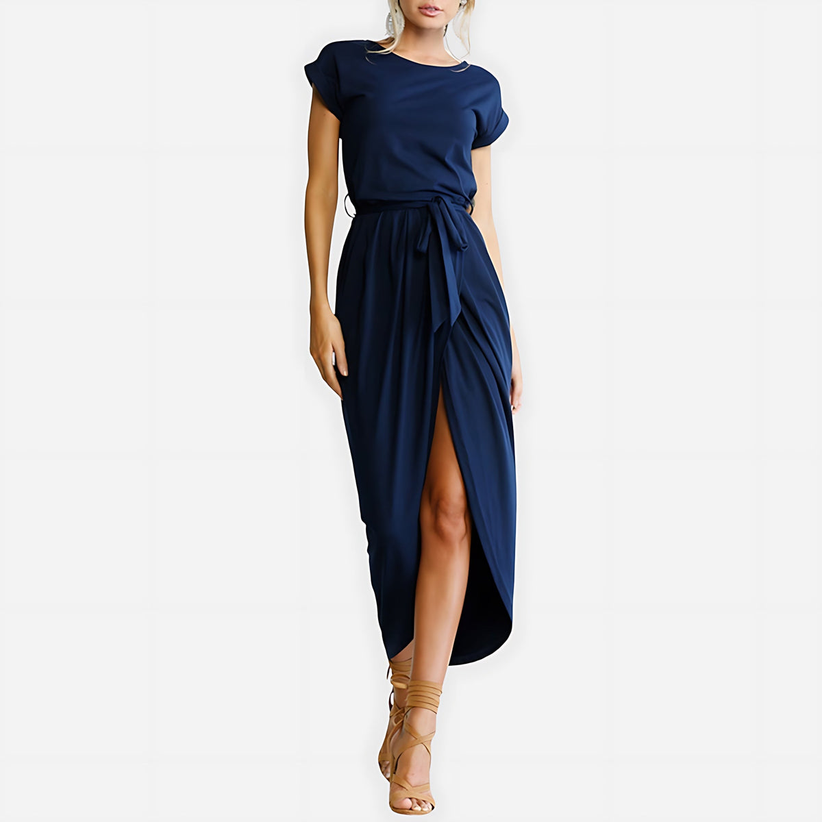 Woman wearing the Neve tie waist midi dress with cap sleeves and wrap-front slit skirt - view 3