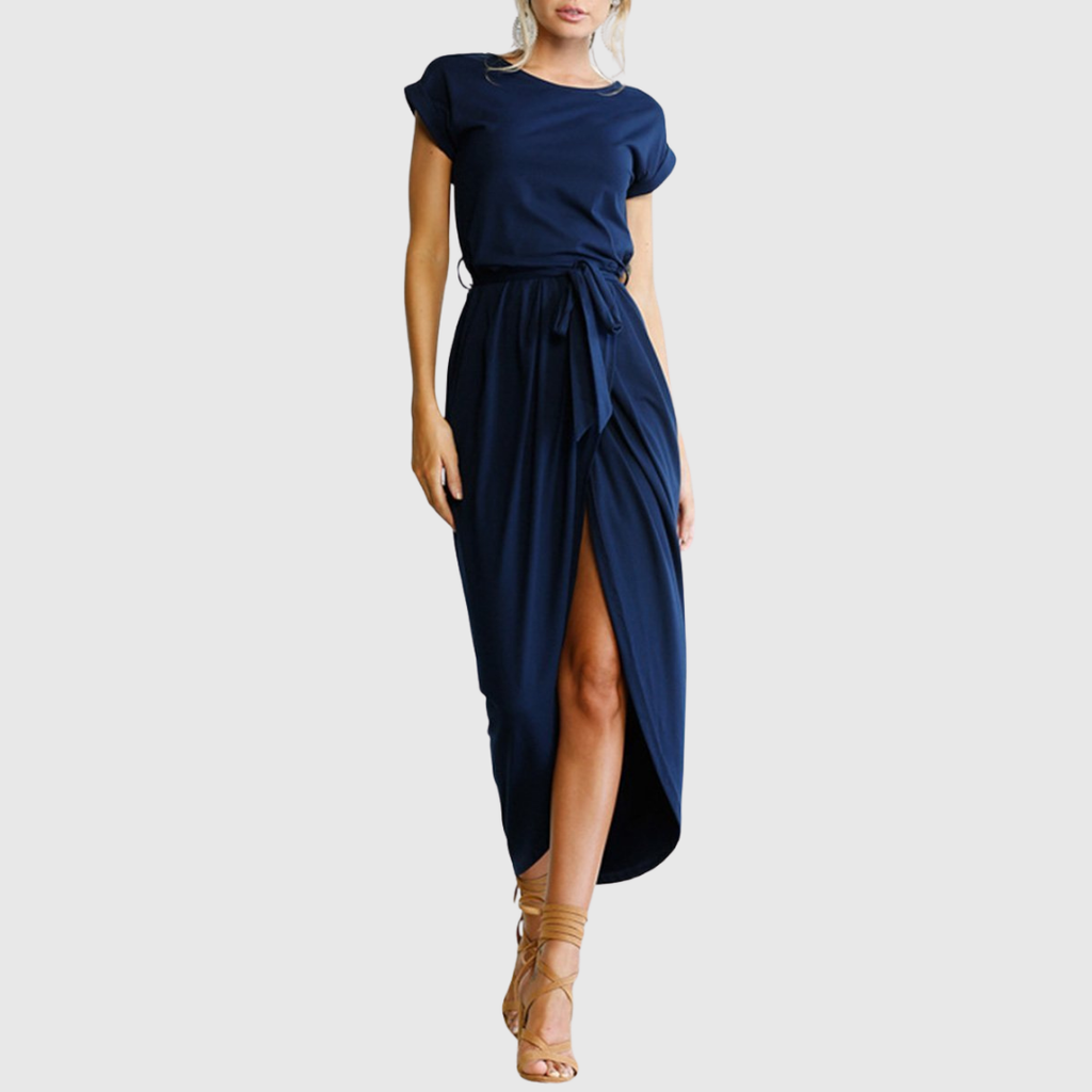 Woman wearing the Neve tie waist midi dress with cap sleeves and wrap-front slit skirt - view 4