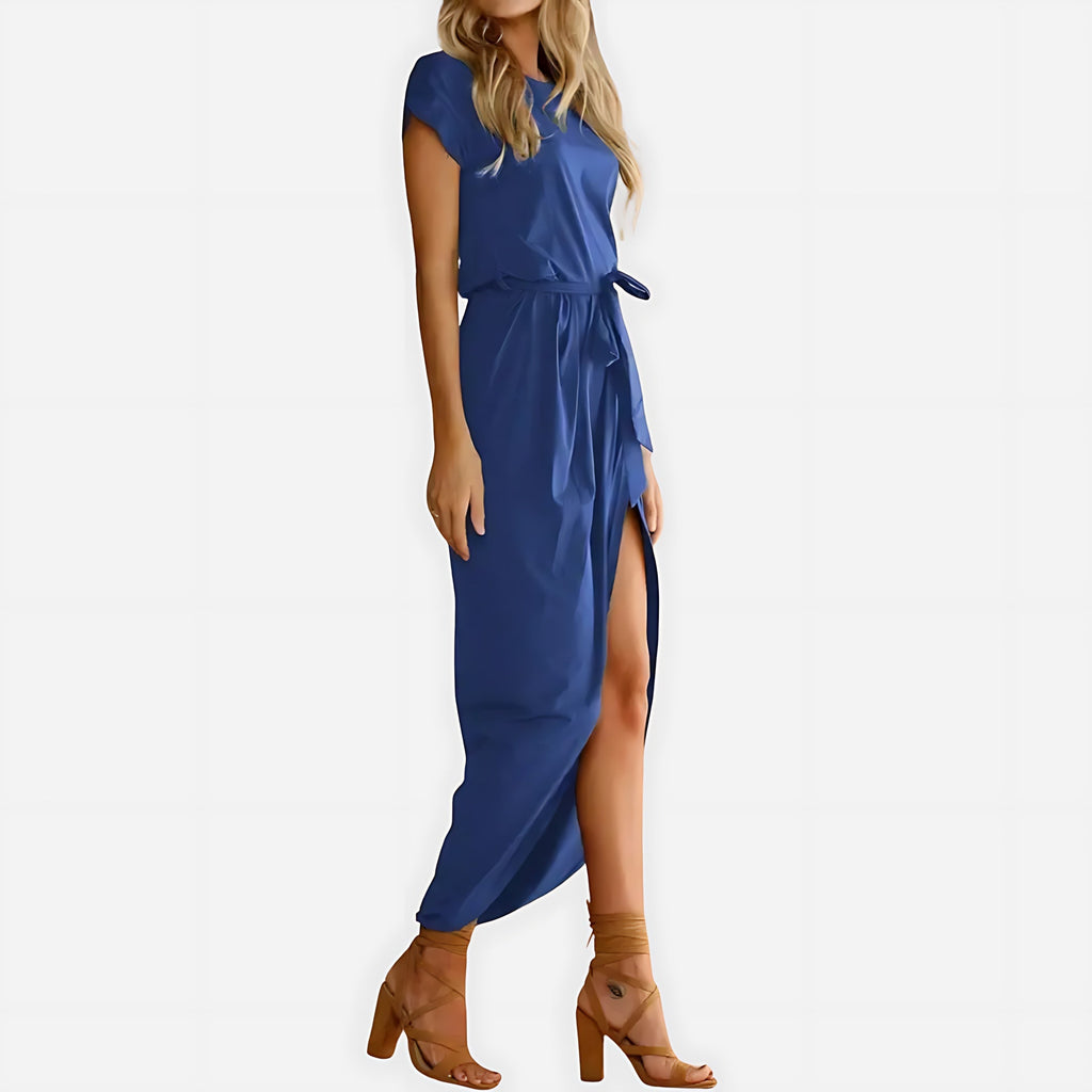 Woman wearing the Neve tie waist midi dress with cap sleeves and wrap-front slit skirt - view 6