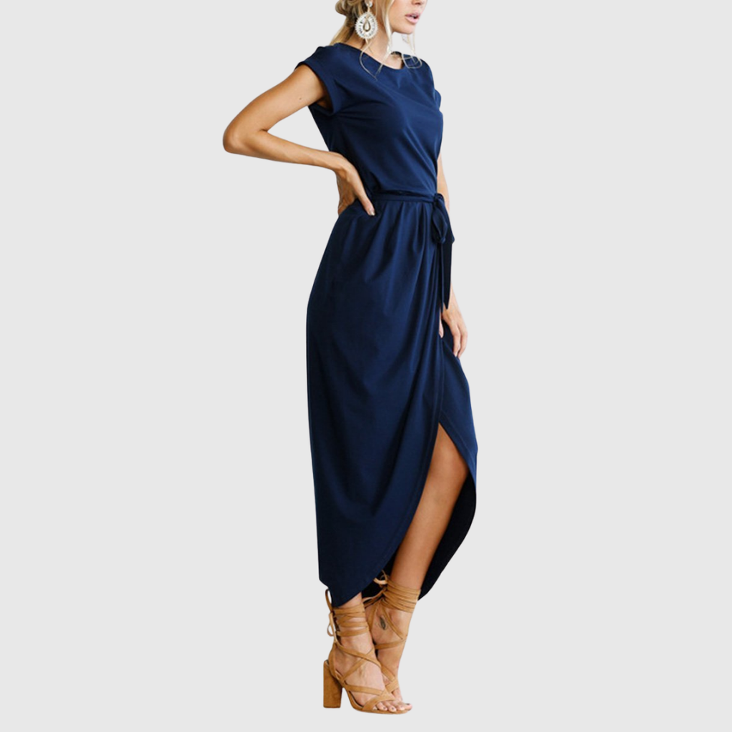 Woman wearing the Neve tie waist midi dress with cap sleeves and wrap-front slit skirt - view 8