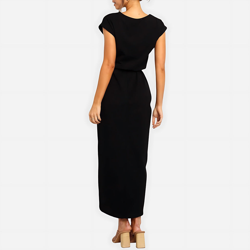 Woman wearing the Neve tie waist midi dress with cap sleeves and wrap-front slit skirt - view 9