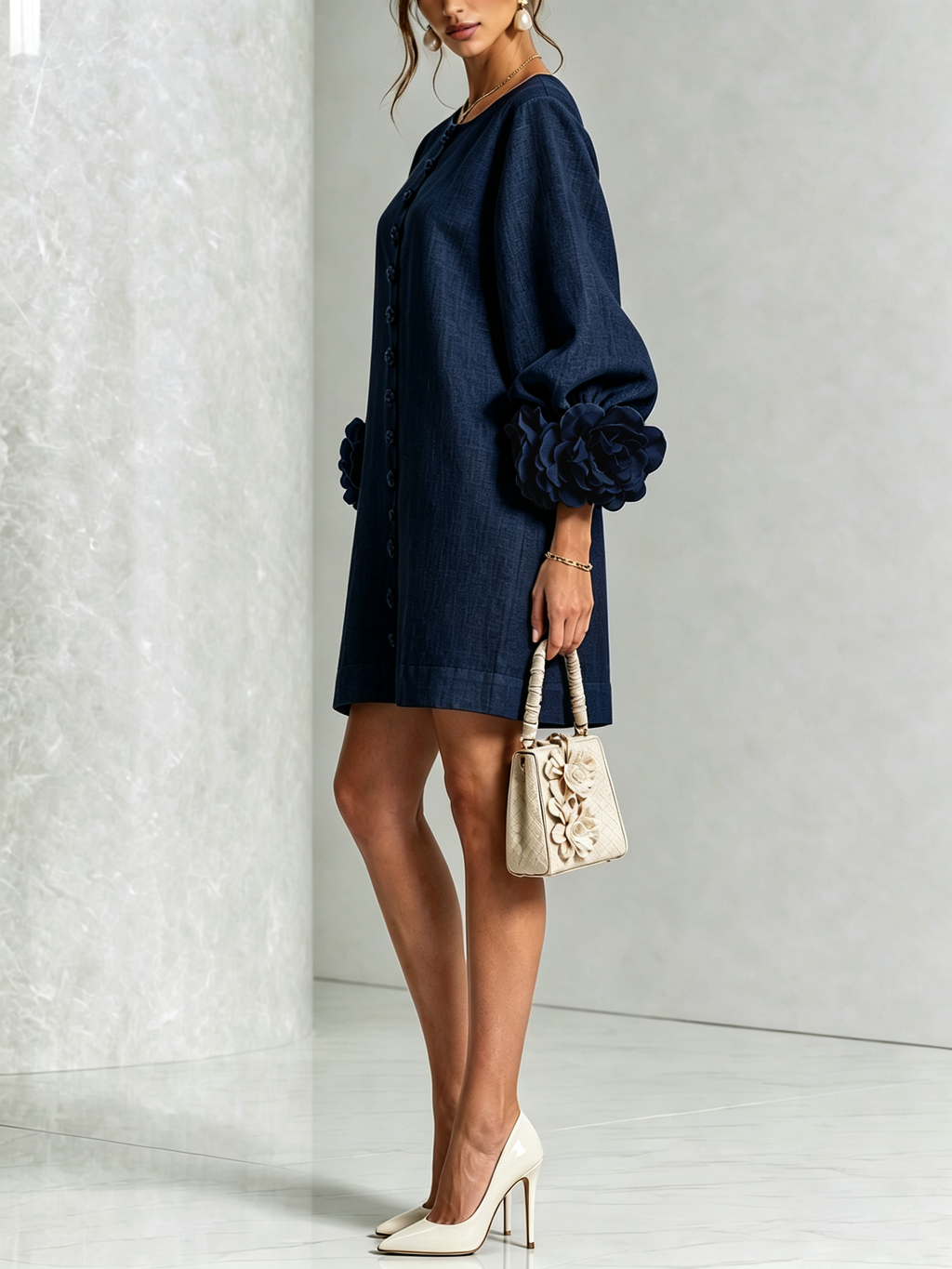 Long sleeve mini dress with balloon sleeves, rosette cuffs and floral buttons - view 12