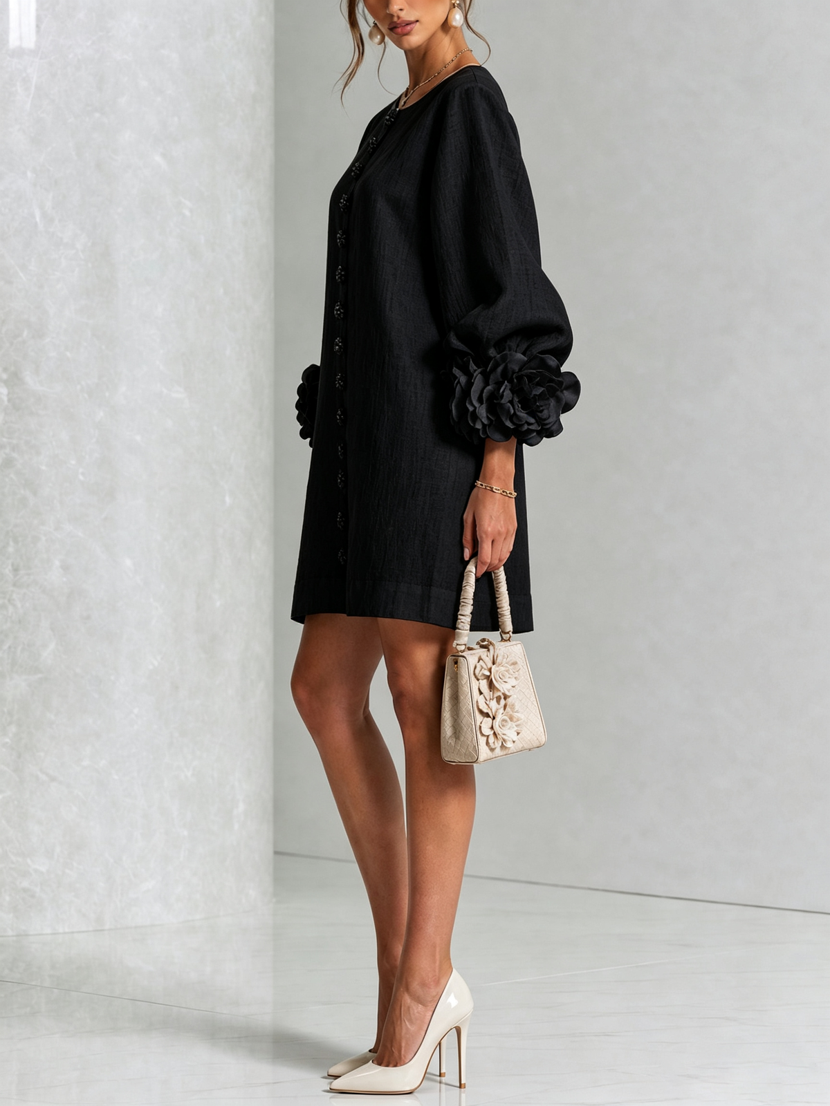 Long sleeve mini dress with balloon sleeves, rosette cuffs and floral buttons - view 16
