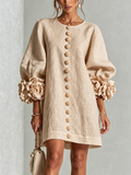 Long sleeve mini dress with balloon sleeves, rosette cuffs and floral buttons - view 23
