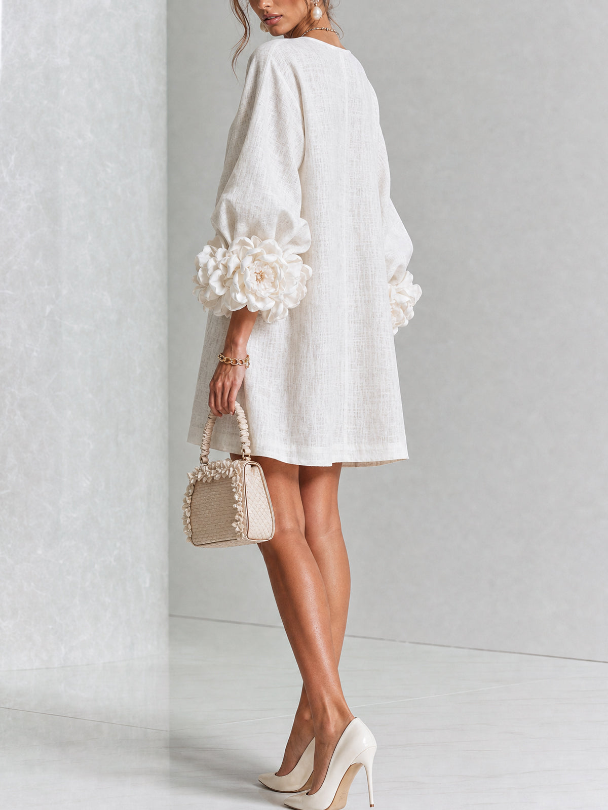 Long sleeve mini dress with balloon sleeves, rosette cuffs and floral buttons - view 3