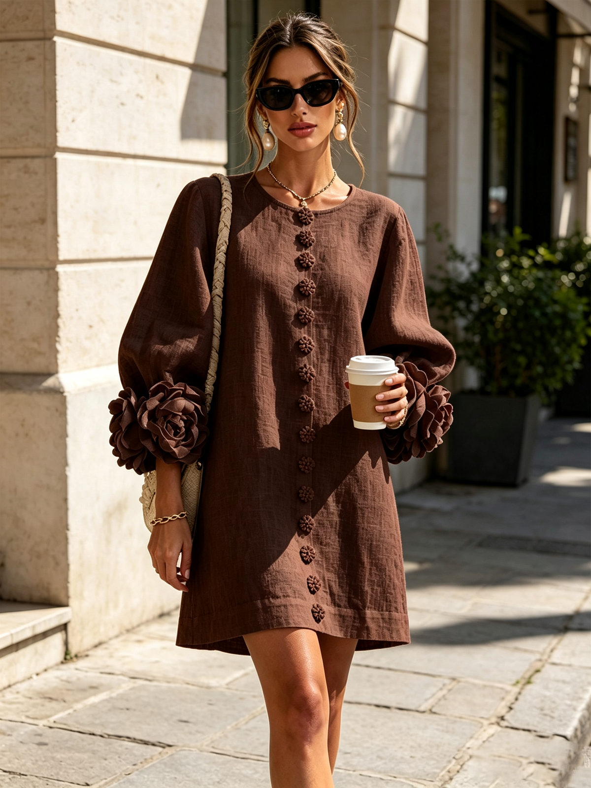 Long sleeve mini dress with balloon sleeves, rosette cuffs and floral buttons - view 30